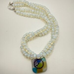 22” of 10mm Opalite glass with funky glass pendant necklace, 925 hardware!